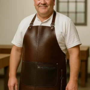 an old men wearing butcher's apron