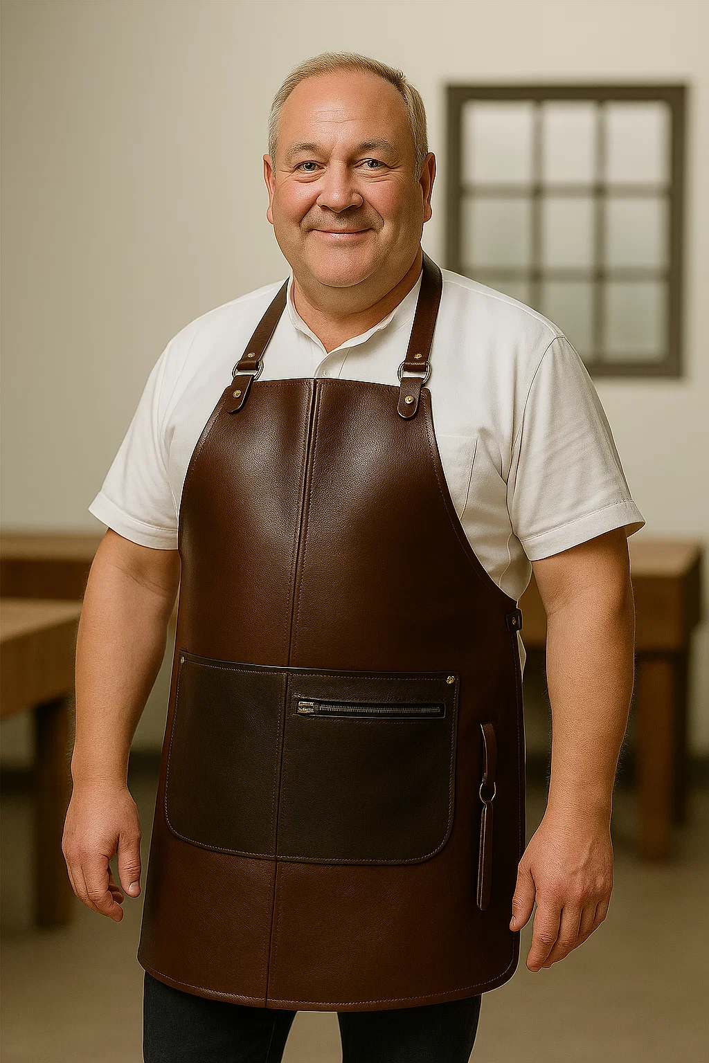 an old men wearing butcher's apron