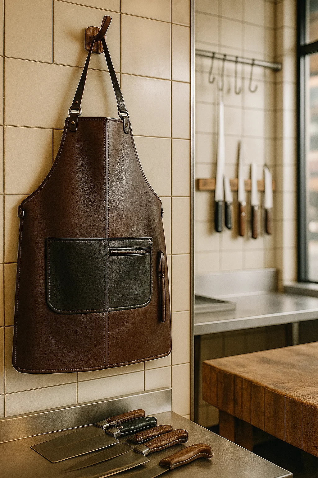 a dual-tone leather apron in butcher ahop