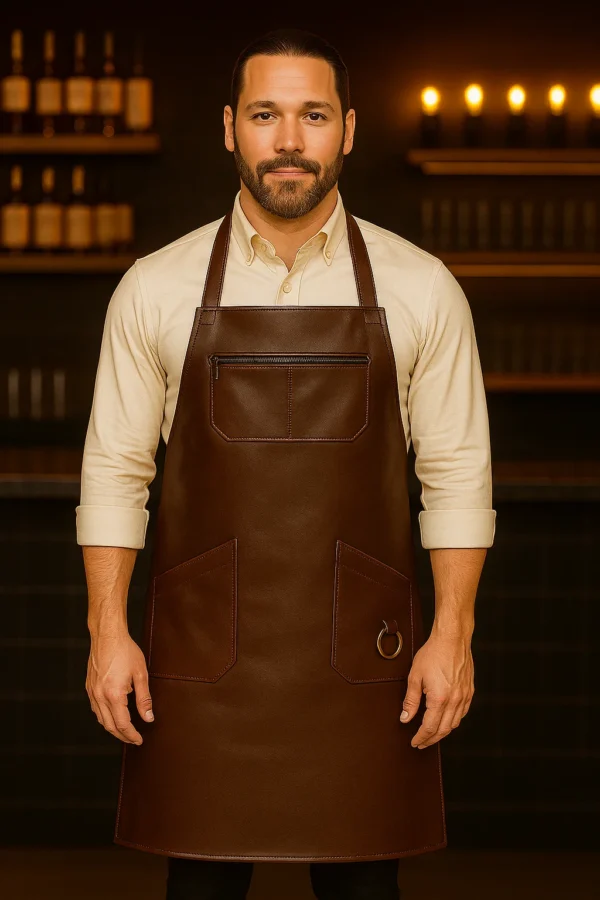 a men with brown bar apron