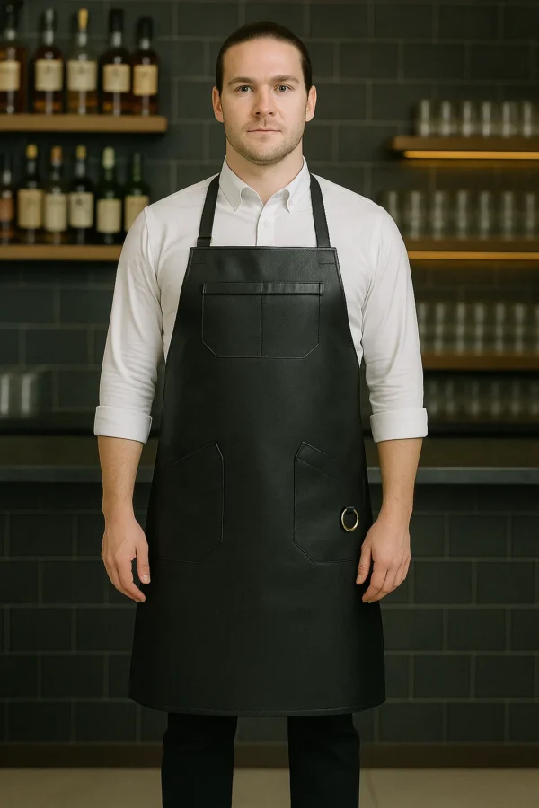 leather mixologist apron worn by bartender