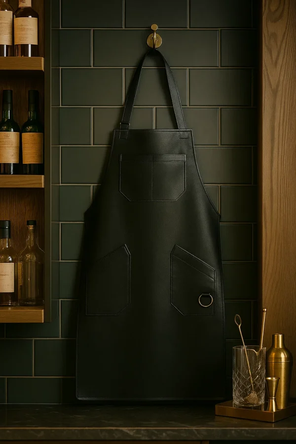 leather mixologist apron hanging in the bar