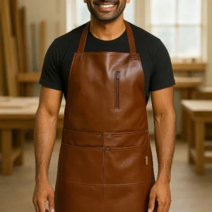 a woodworker apron in leather worn by young carpenter