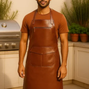 a men wearing brown leather apron