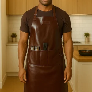 a young cook in a kitchen wearing leather apron for cooking