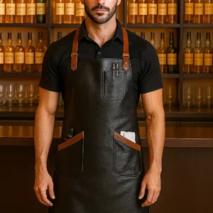 a model wearing leather mixology apron