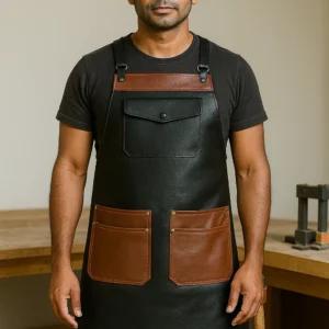 the dual tone woodworking leather apron worn by young woodworker