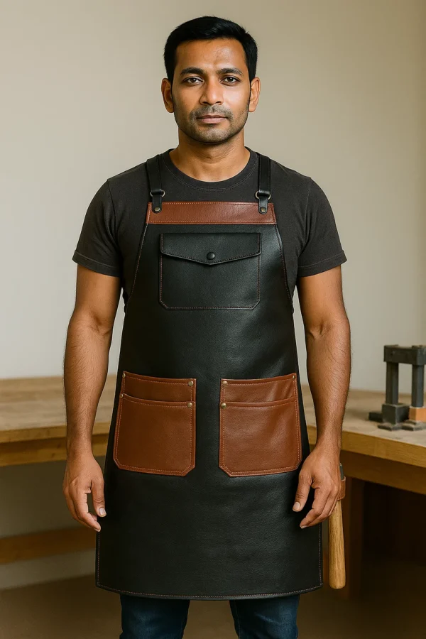 the dual tone woodworking leather apron worn by young woodworker