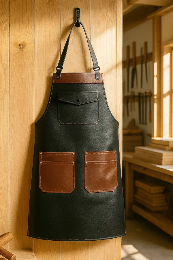 the dual tone woodworking leather apron hung by a cabinet