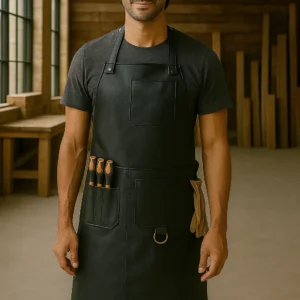 a carpenter wearing leather apron in black