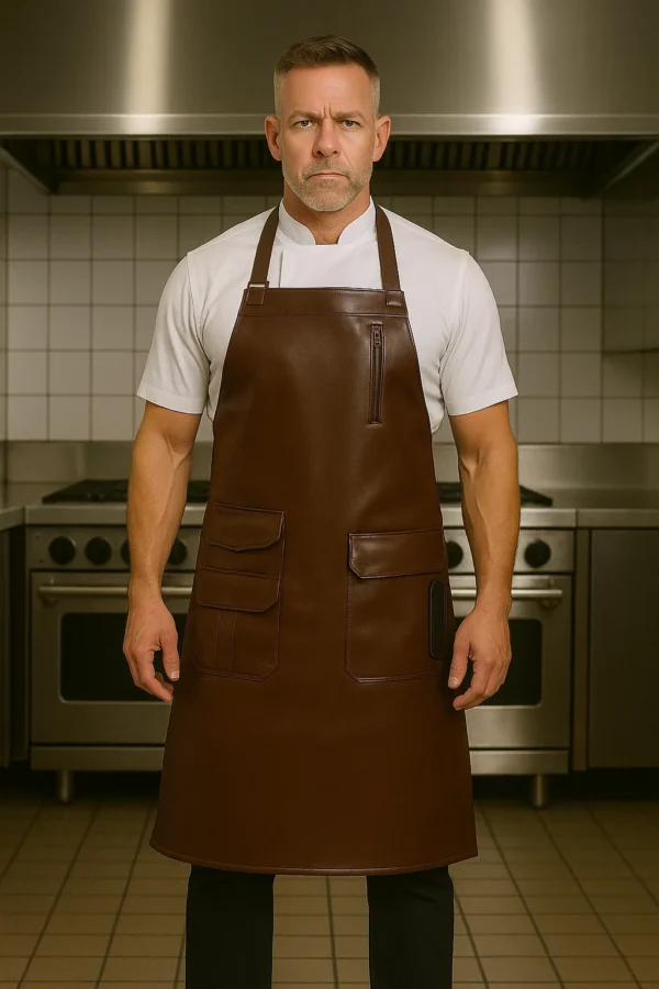 a brown leather apron worn by a cook