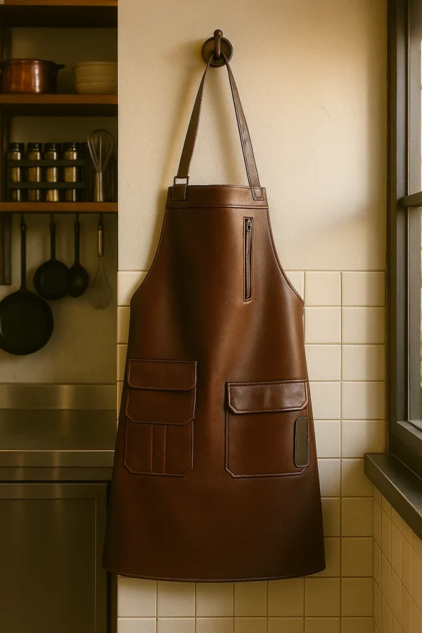 brown leather apron rests with a hook on a wall