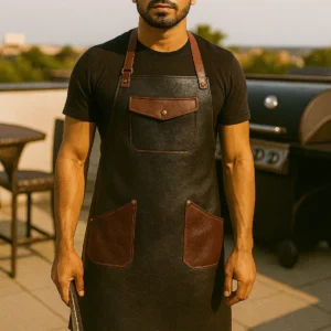 a men wearing dual-tone leather grill apron