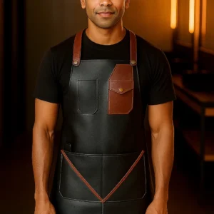 a young hairdresser wearing leather apron