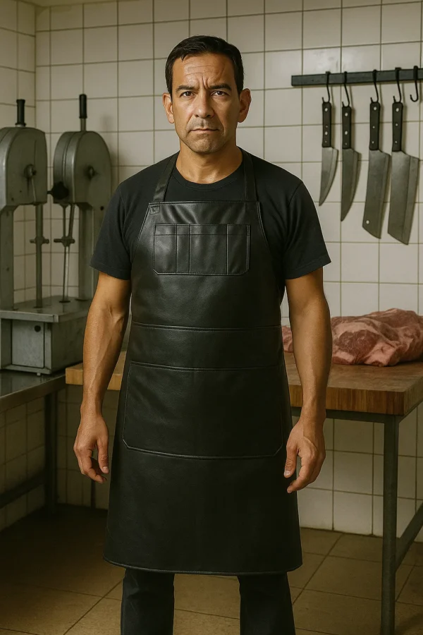 jet black butcher apron in leather worn by a young butcher