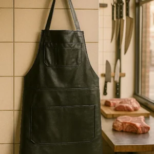 a hung jet black butcher apron in leather