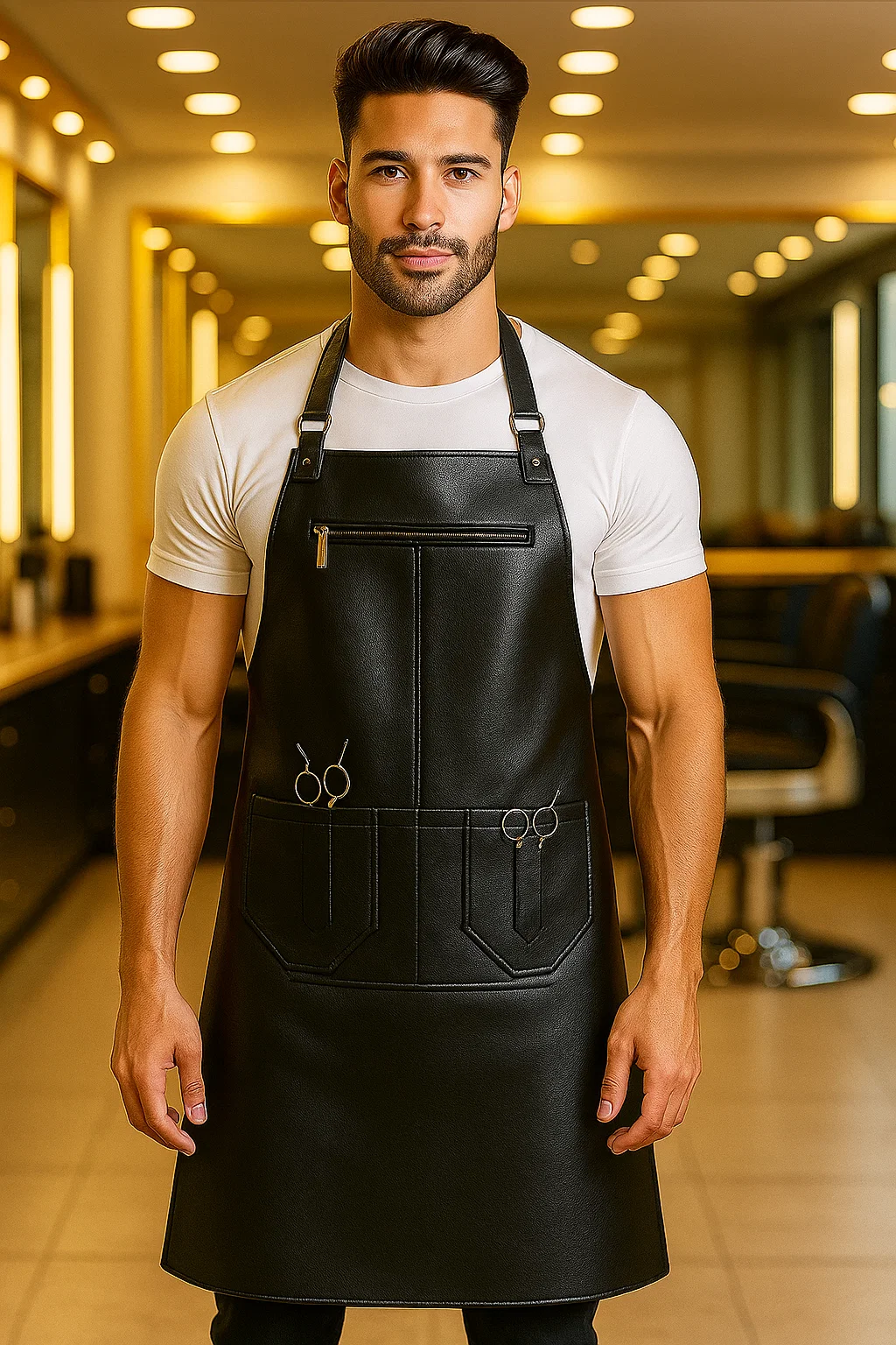 a barber wearing snipforge barber apron