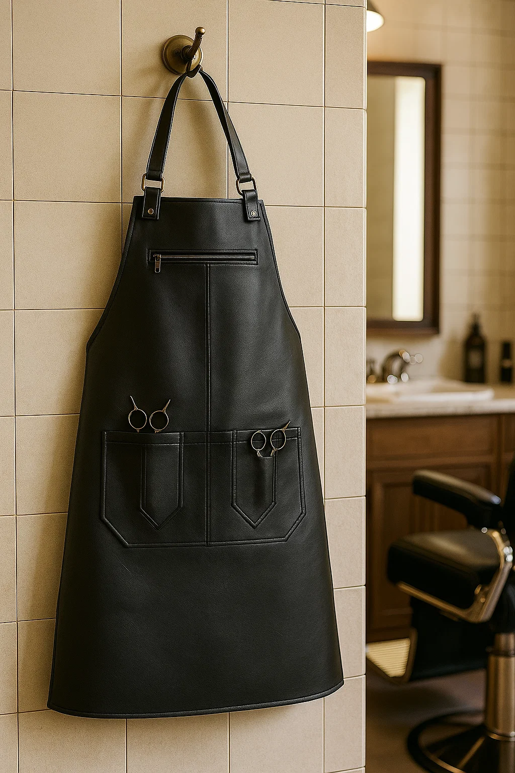 jet black leather barber apron hung against a wall