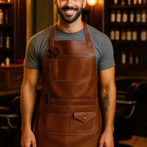 a men wearing leather salon apron