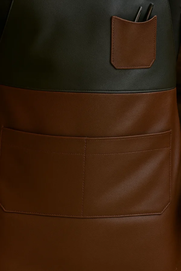 closeup of the leather cocktail apron