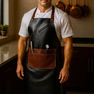 dual tone leather chef apron worn by a cook