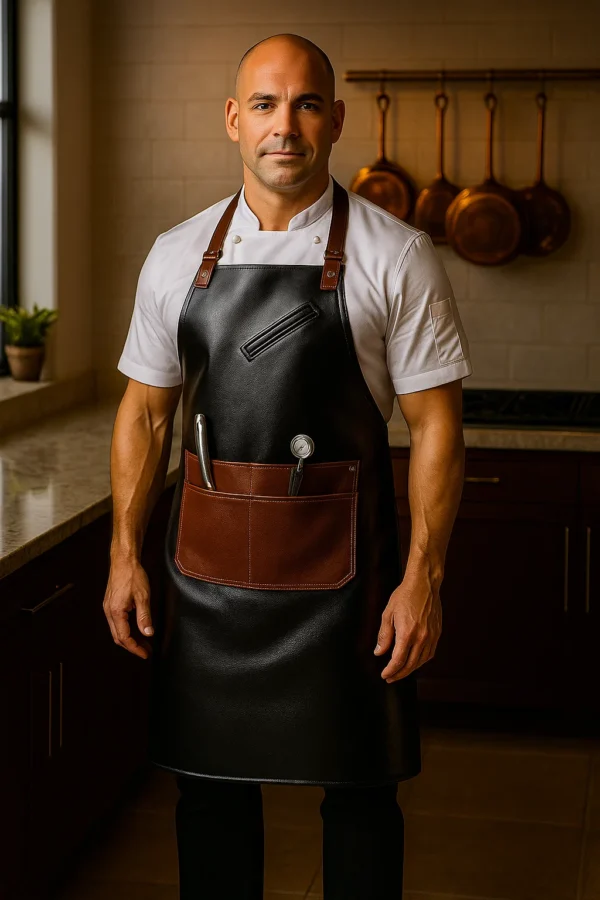 dual tone leather chef apron worn by a cook