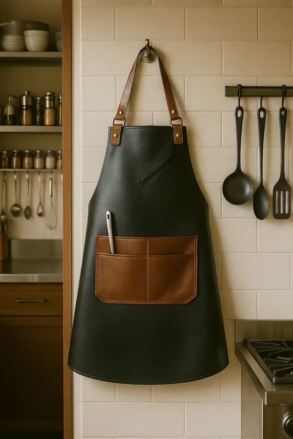 a dual tone leather apron hung in a kitchen