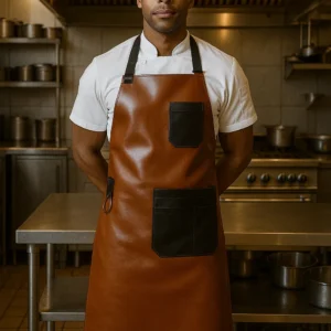 a dual tone leather apron worn by a cook