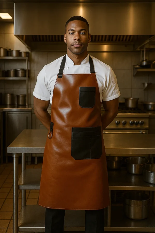 a dual tone leather apron worn by a cook