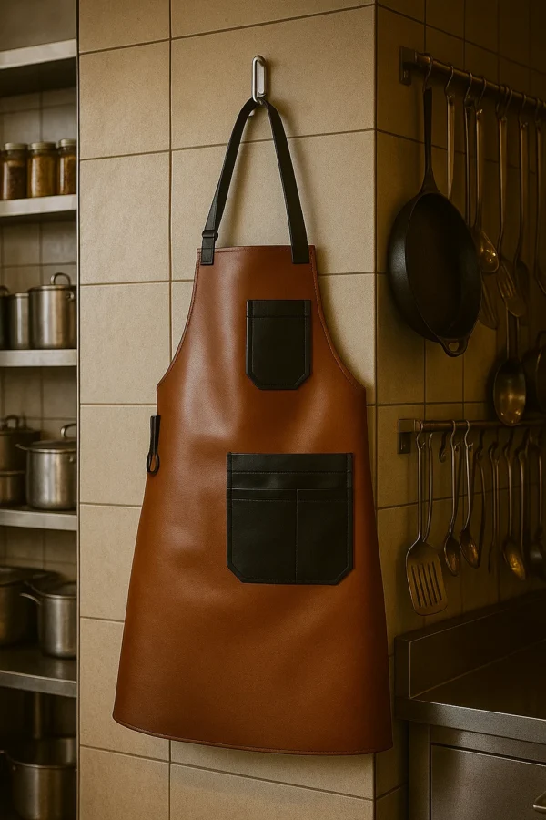 a dual tone leather apron in a kitchen