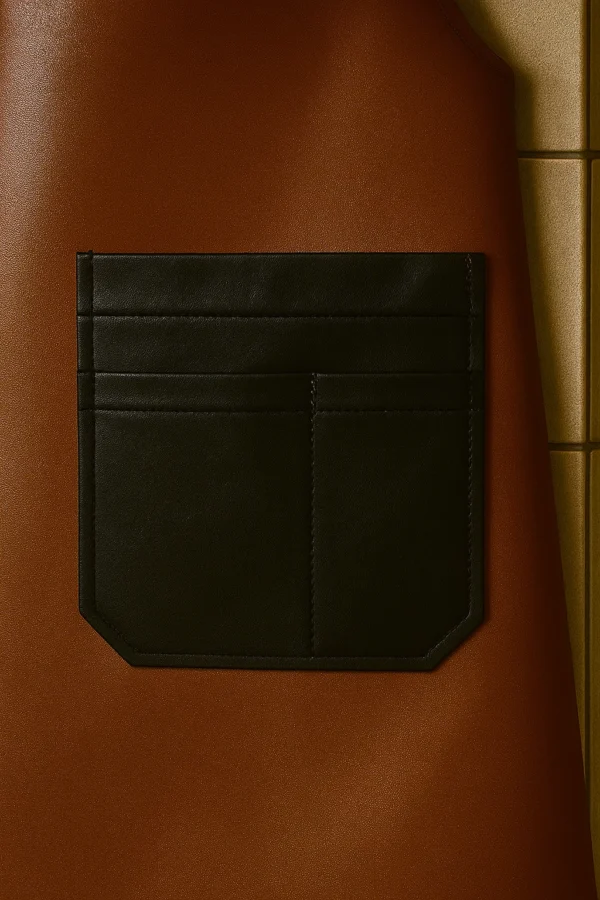 a finely stitched dual tone leather apron
