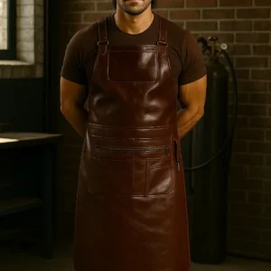 brown leather apron worn by a young welder