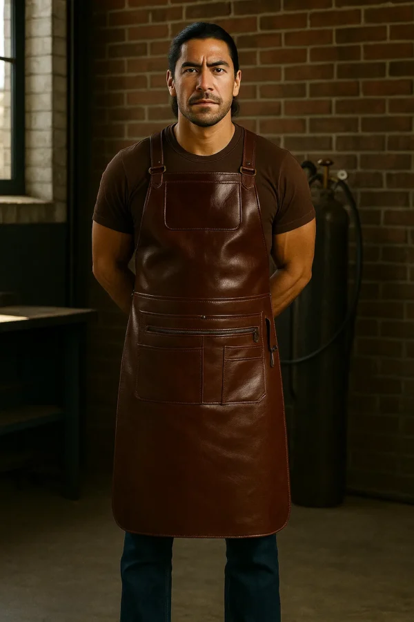 brown leather apron worn by a young welder
