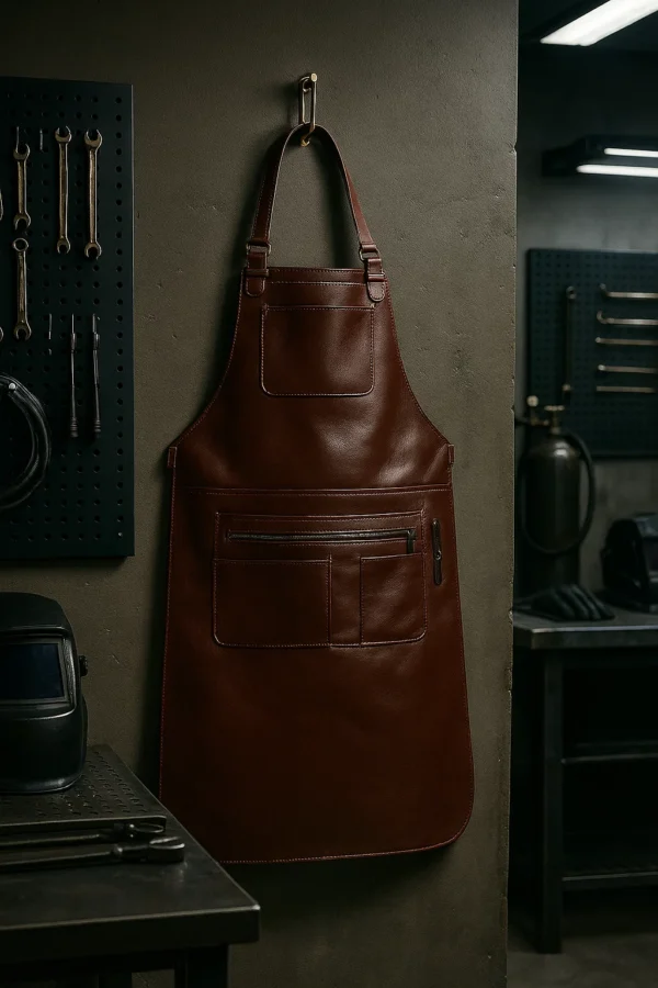 brown leather apron for welders hung in a workshop