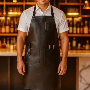black leather bartender apron worn by bartender