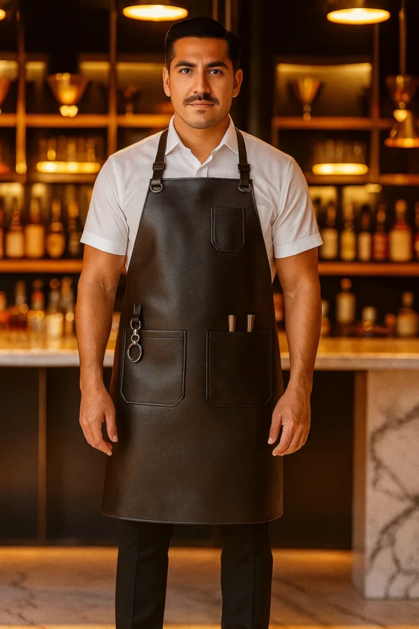 black leather bartender apron worn by bartender