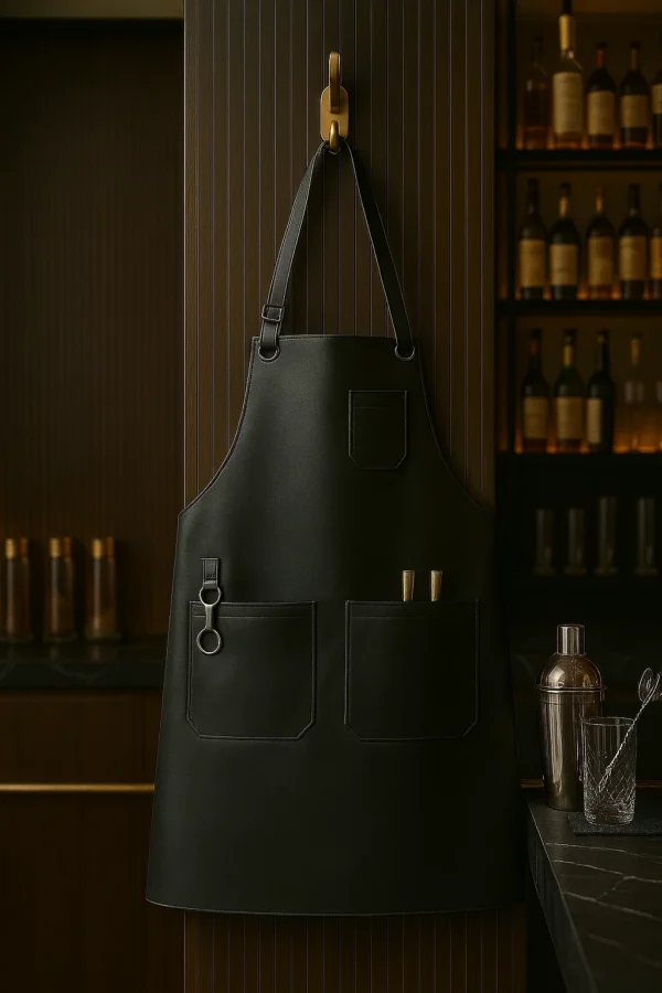 black leather bartender apron hung in a bar