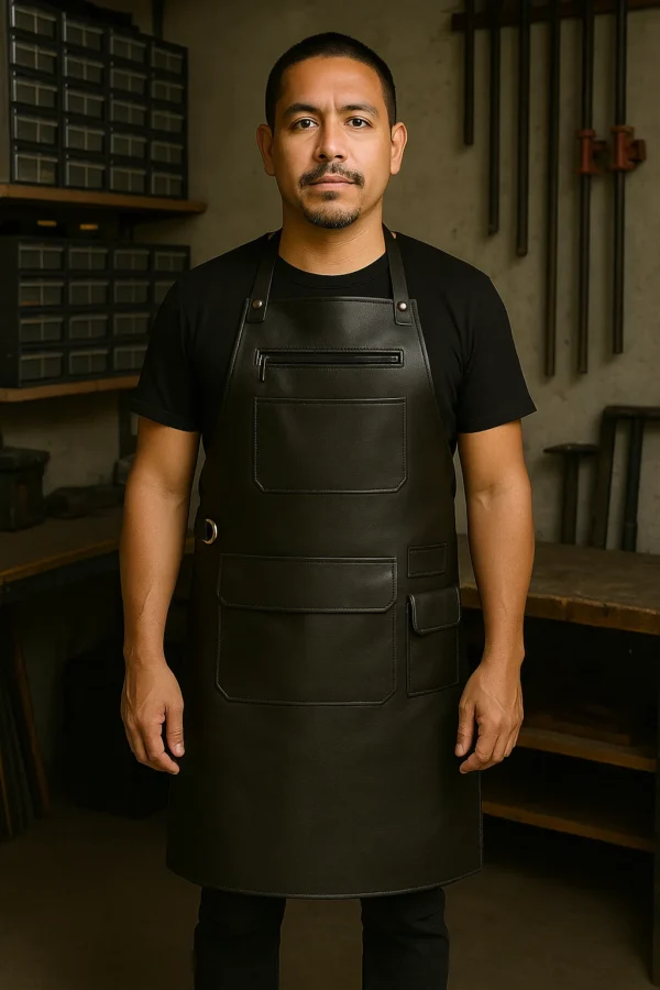 a woodworker wearing carpenter leather apron