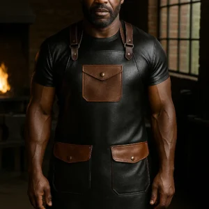 a heavy built man wearing smiths leather apron