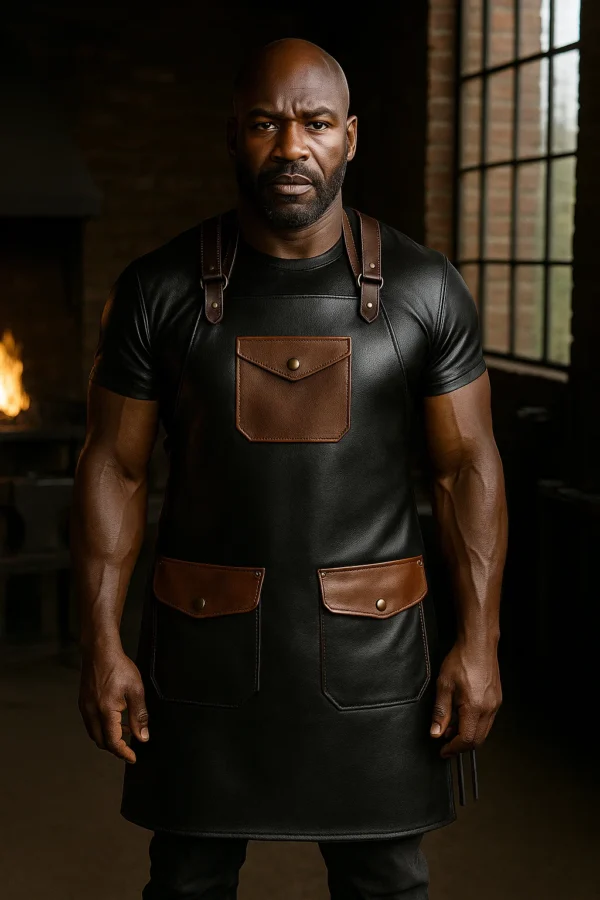 a heavy built man wearing smiths leather apron