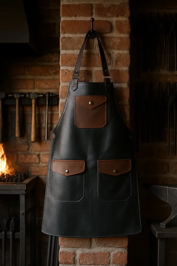 dual tone leather blacksmithing apron hung against a wall