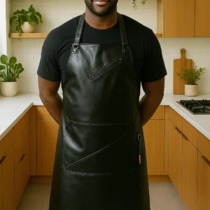 a jet black leather apron worn by a cook in a kitchen