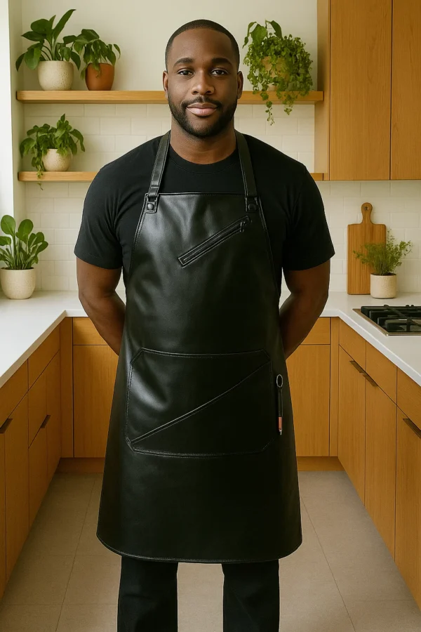 a jet black leather apron worn by a cook in a kitchen
