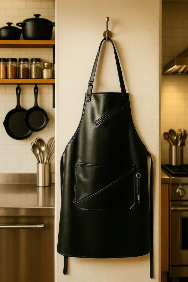 a jet black leather apron hung in a kitchen