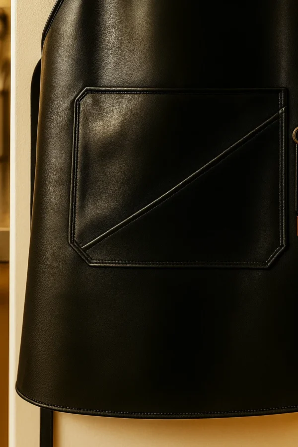 a finely stitched jet black leather apron
