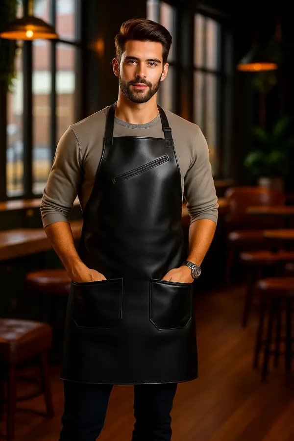 a Barber wearing leather utility apron