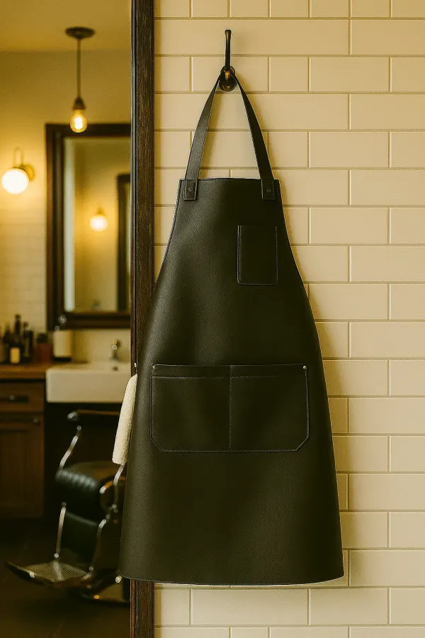 black leather hairdresser apron hung on a hook