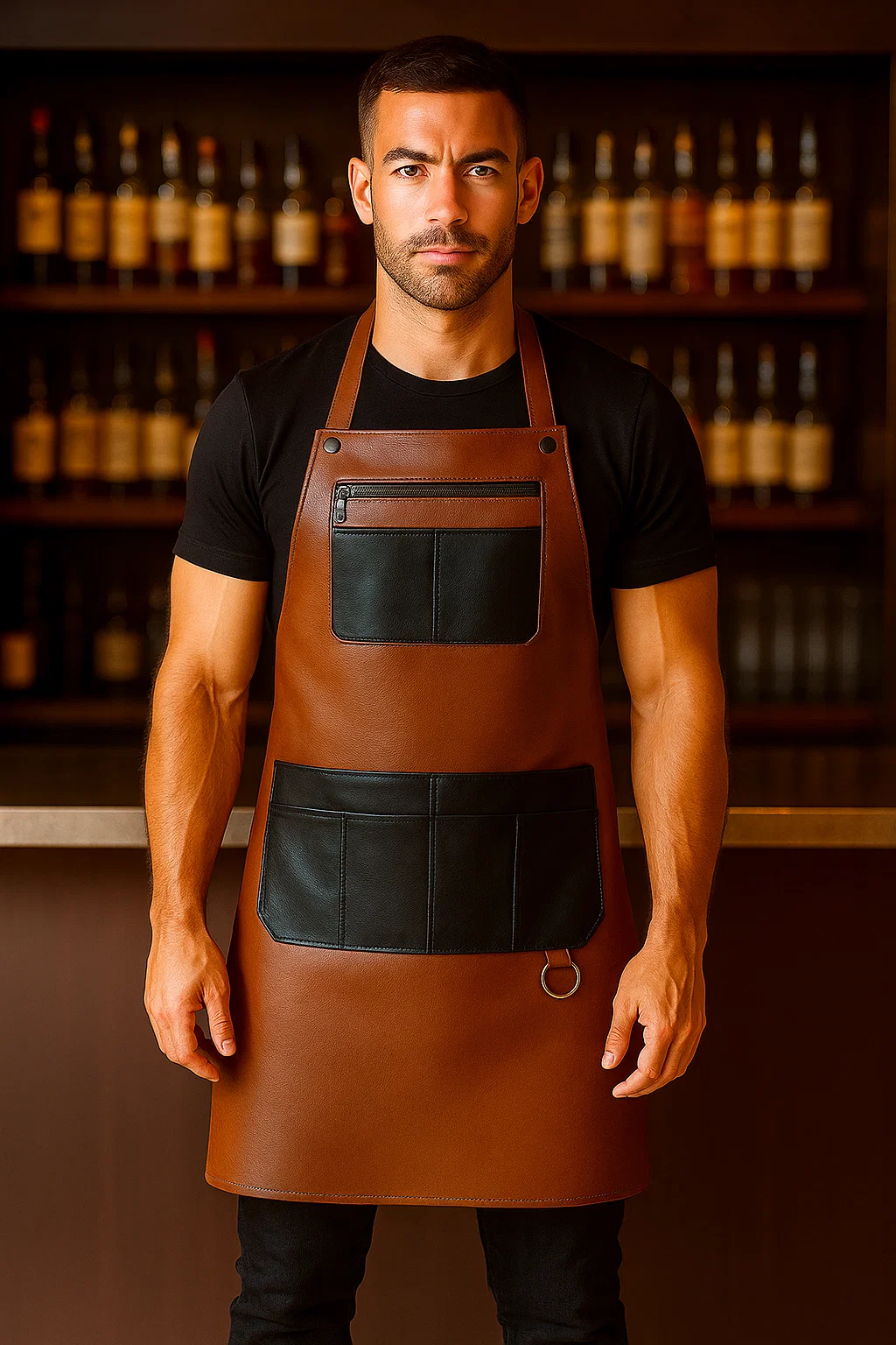 a bartender wearing dual-tone leather apron