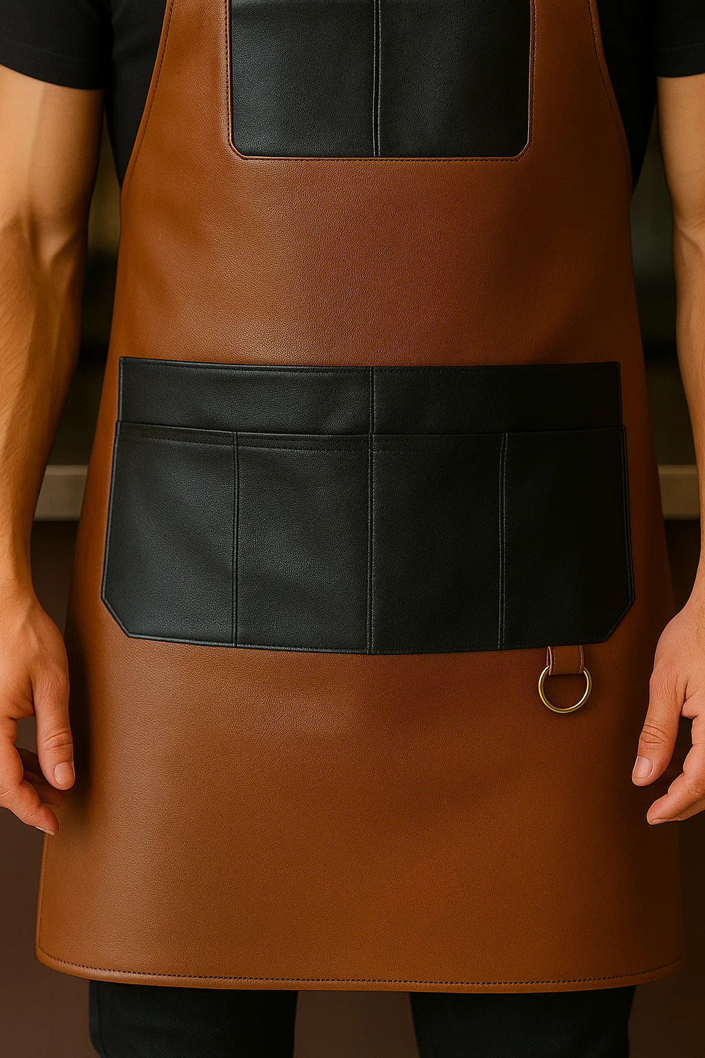pocket view of the dual tone bartender leather apron