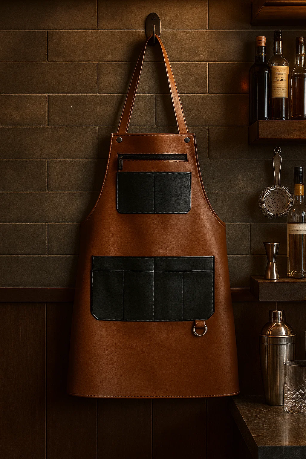 a dual tone bartender leather apron hung in a bar